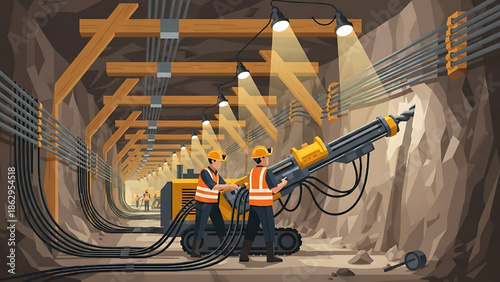 Dedicated Miners Operating Heavy Drilling Machine in Underground Tunnel for Resource Exploration Professional Workers Engaged in Deep Earth Extraction and Mineral Retrieval