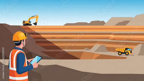 Mining engineer surveying open pit mine with heavy machinery