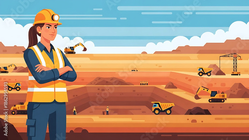 Mining industry with construction vehicles and a female worker at a quarry site