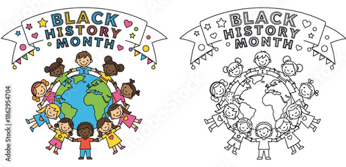 Black History Month Celebration: Diverse Children United Around Earth in Education and Community