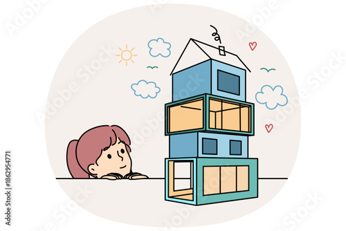 Little girl dreams of own house, seeing model of house in modern architectural style. Child wants to become architect and design houses for comfortable life or to make money from real estate