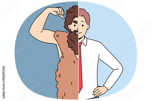 Man demonstrates progress of humanity and transformation into businessman from neanderthal through motivation or ambition. Guy has made great progress by working hard and improving himself