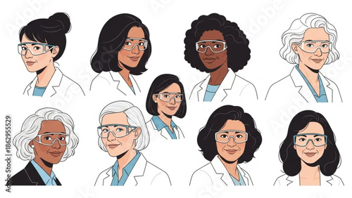 Diverse Female Scientists Wearing Lab Coats Isolated on White Background