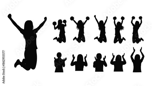 Silhouettes of jumping people in various energetic poses and celebratory actions
