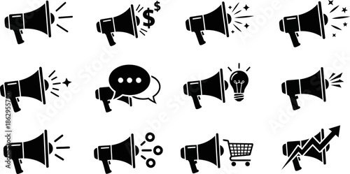 Flat Black Megaphone Icons for Marketing Business Communication and Ideas.eps