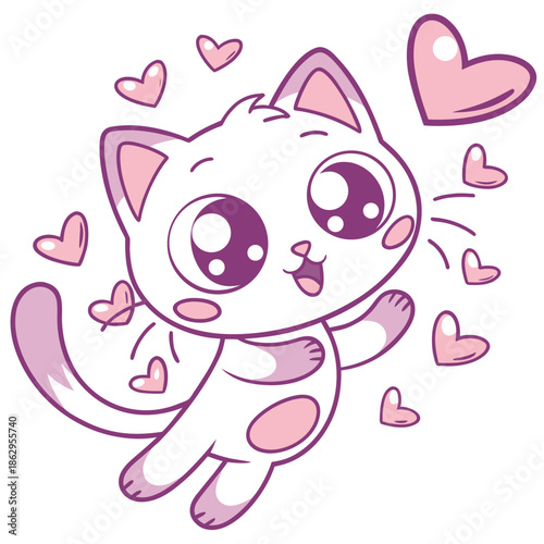 Cute Valentine Cats with Hearts – Kawaii Cupid Cat Line Art Illustration Set