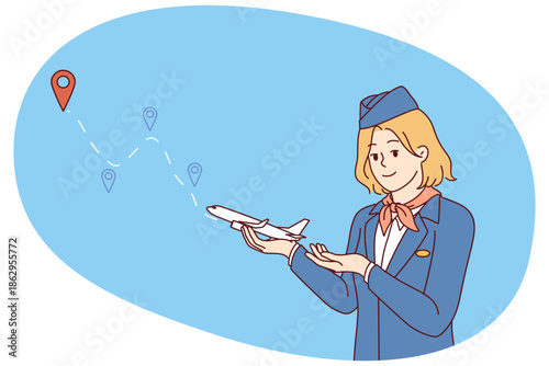 Woman stewardess invites you to go on air trip, becoming client of airline, holding small plane in hands. Flight route near stewardess girl from low-cost airline with cheap tickets