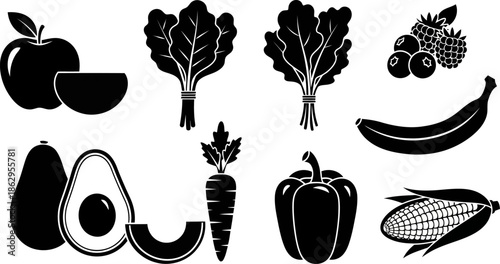 Minimalist Black and White Healthy Fruits and Vegetables Vector Icons.eps