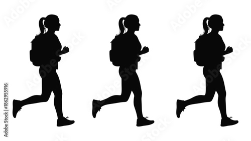 Three silhouettes of women running with backpacks illustrating fitness and movement