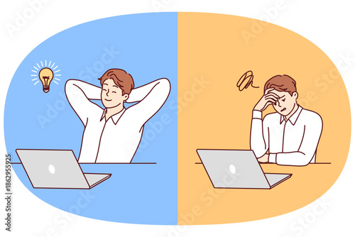 Pensive man office employee relaxing, coming up with good idea for startup, sitting near laptop. Business guy before and after idea appearance for completing task or getting new high paying job