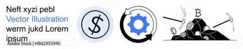 Cryptocurrency, blockchain technology, financial investments, digital currency, mining operations, fintech. Dollar sign, gear and blockchain mining tools illustration. Cryptocurrency and blockchain