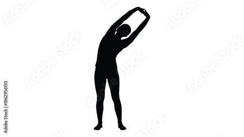Silhouette of a person performing a side stretching exercise against a white background