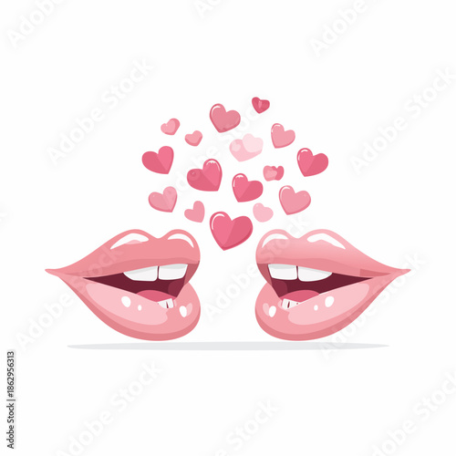 Romantic Illustration of Two Sets of Lips Sharing Love Hearts in a Sweet Exchange