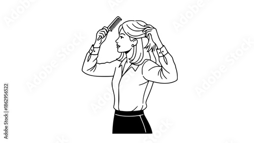 Vector illustration of a professional woman combing her hair before work, morning routine, business casual outfit, flat modern style, corporate lifestyle concept, isolated background