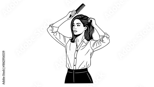 Vector illustration of a professional woman combing her hair before work, morning routine, business casual outfit, flat modern style, corporate lifestyle concept, isolated background