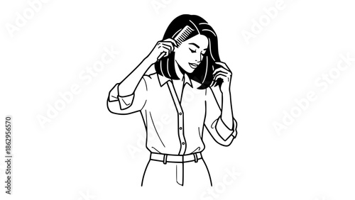 Vector illustration of a professional woman combing her hair before work, morning routine, business casual outfit, flat modern style, corporate lifestyle concept, isolated background
