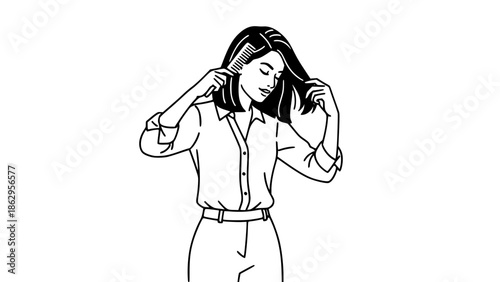Vector illustration of a professional woman combing her hair before work, morning routine, business casual outfit, flat modern style, corporate lifestyle concept, isolated background