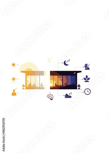 Circadian Lighting Silhouette for Bio Adaptive Workspace and Healthy Office Routine Human Centric Lighting and Sleep Wellness Concept Vector