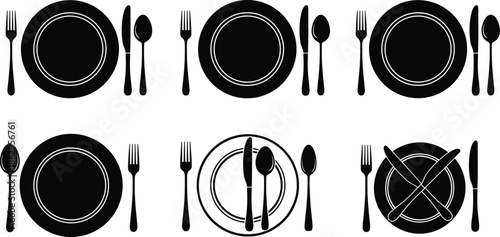 tableware cutlery plate fork knife spoon dining restaurant kitchen meal vector icon set