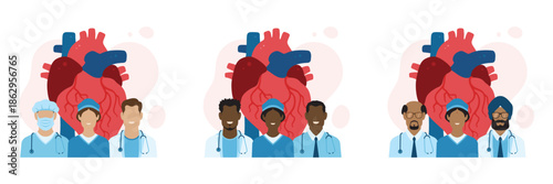 Heart health infographic elements with diverse medical teams. Doctors and nurses with heart illustration representing Western, Indian, and African healthcare professionals