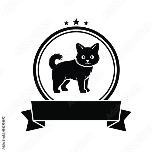Black cat silhouette inside circle emblem with ribbon and stars