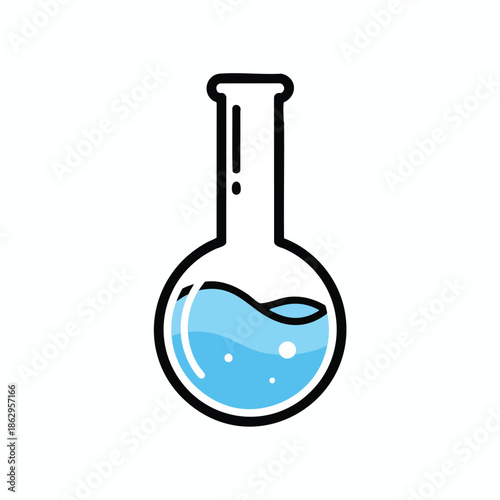 Simple, line-art flask with blue liquid, bubbles, and a rounded, bulbous base