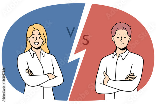 Successful business colleagues stand with arms crossed, wanting to compete in professional skills or productivity. Man vs woman in business race for position of manager on board of directors
