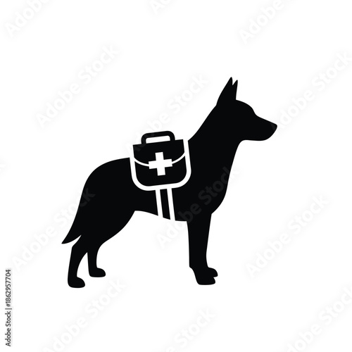 Black dog silhouette with medical bag on back