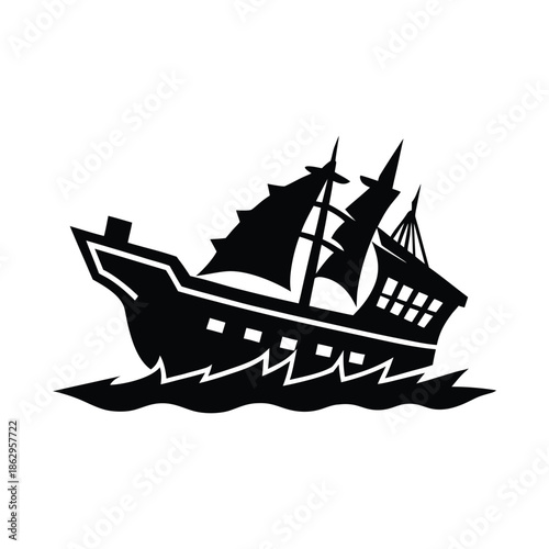 Shipwreck black silhouette vector, Marine life and ocean theme design.