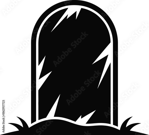 Black and White Vector Tombstone Icon with Cracks and Grass - Graveyard Symbol for Cemetery