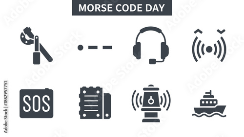 A collection of eight dark gray icons related to Morse Code displayed below a banner reading MORSE CODE DAY