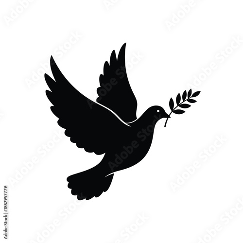 Black dove silhouette with olive branch in beak on white background