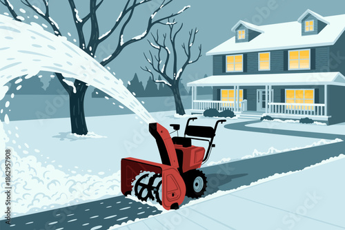 Winter scene of a red snow blower removing snow from a driveway near a snow covered house, symbolizing seasonal home maintenance, snow removal equipment, and cold climate living.