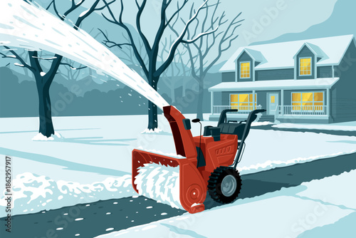 Winter scene of a red snow blower removing snow from a driveway near a snow covered house, symbolizing seasonal home maintenance, snow removal equipment, and cold climate living.