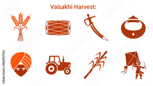 Eight orange icons representing Vaisakhi Harvest elements on white