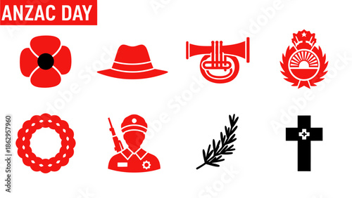 Eight red and black icons related to Anzac Day above and below