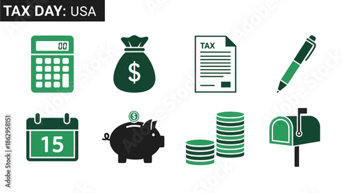 Graphic icons related to US Tax Day including currency finance and deadlines