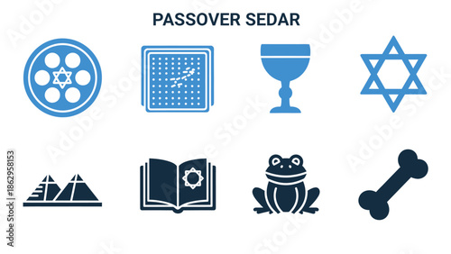 Icons representing elements of the Passover Seder service arranged in two rows