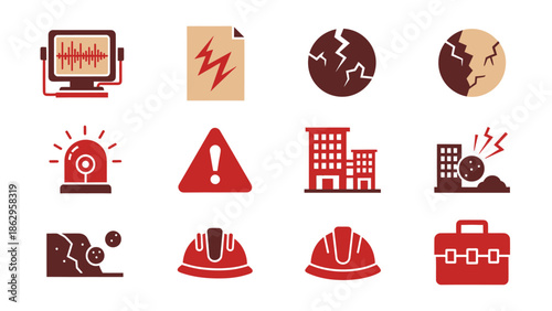 Twelve red and beige icons related to disaster preparedness and geology