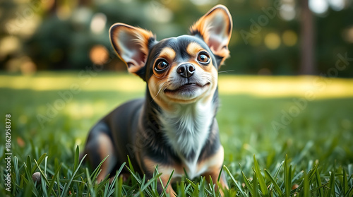 Cute chihuahua dog sitting on green grass in park