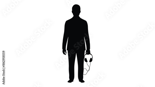 Silhouette of a person holding headphones against a white background