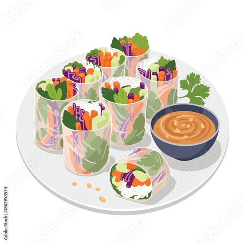 Illustration of spring rolls with veggies, peanut sauce, and herbs, on a white plate
