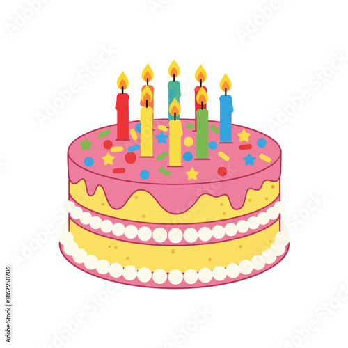A layered cartoon cake with colorful candles and sprinkles on a white backdrop