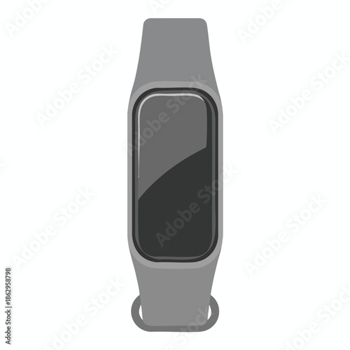 Grey fitness tracker with a black screen on a white background