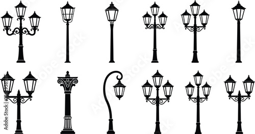 streetlamp lantern vintage silhouette streetlight urban classic decorative vector icon illustration