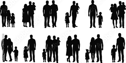 Black silhouettes of diverse families standing together, parents holding hands with children and babies, group of happy people and relatives isolated on white background.