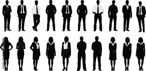 Black silhouettes of business people in formal suits, diverse group of male and female professional workers standing together isolated on white background for recruitment.