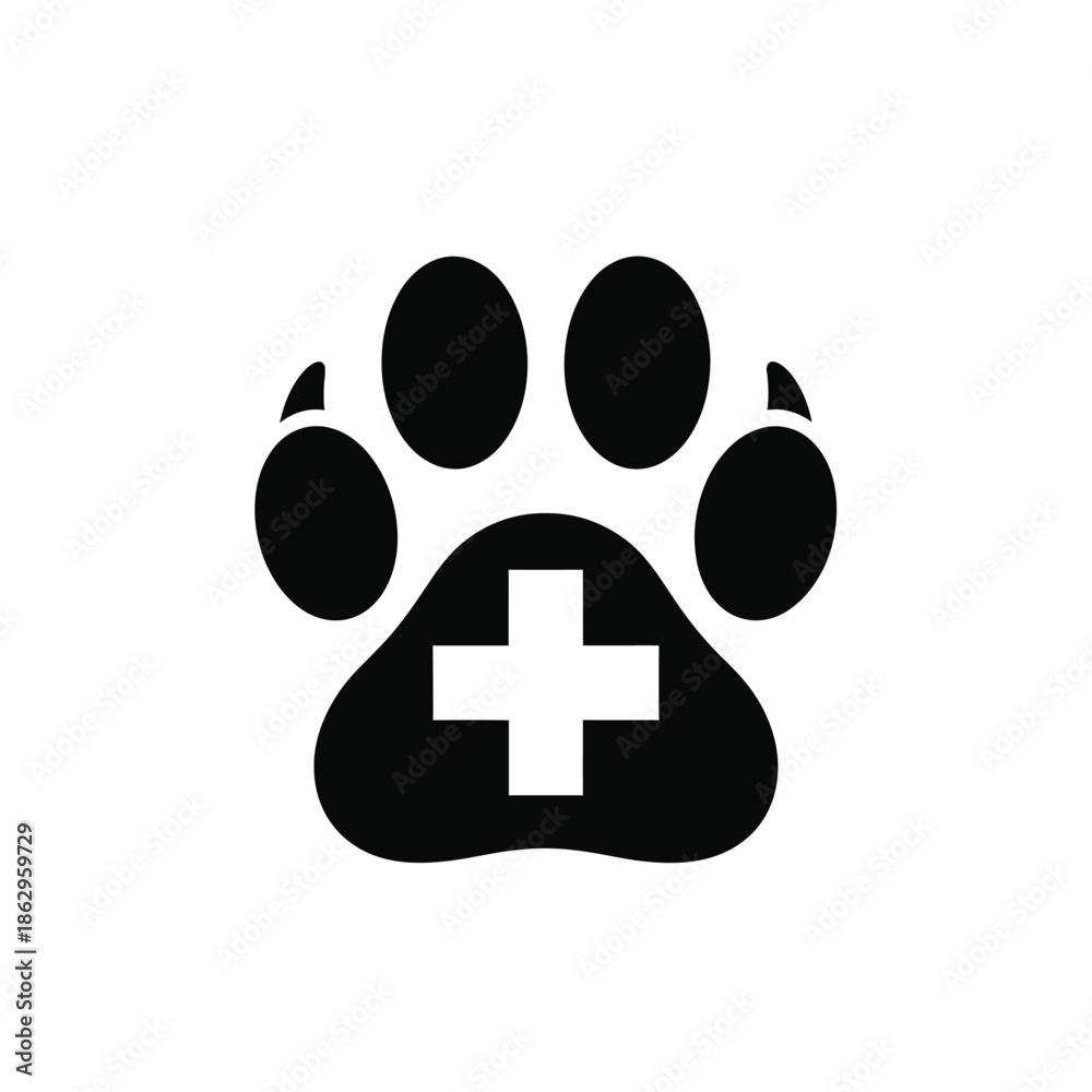 Fototapeta premium Black paw print with white medical cross symbol animal