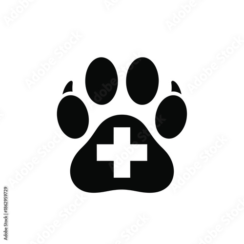 Black paw print with white medical cross symbol animal