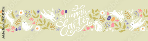 Cute hand drawn Easter horizontal seamless pattern with bunnies, flowers, easter eggs, beautiful background, great for Easter Cards, banner, textiles, wallpapers - vector design